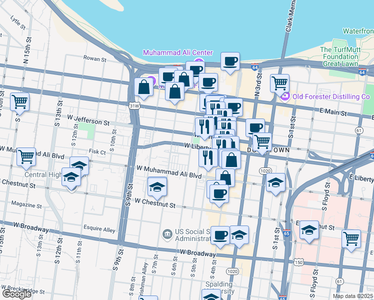 map of restaurants, bars, coffee shops, grocery stores, and more near 400 South 6th Street in Louisville