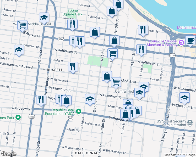 map of restaurants, bars, coffee shops, grocery stores, and more near 1600 West Muhammad Ali Boulevard in Louisville