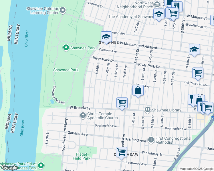 map of restaurants, bars, coffee shops, grocery stores, and more near 654 South 43rd Street in Louisville