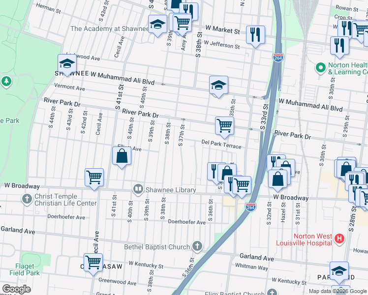 map of restaurants, bars, coffee shops, grocery stores, and more near 633 South 37th Street in Louisville