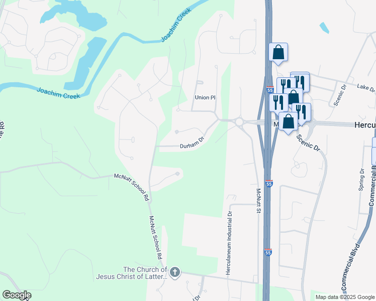 map of restaurants, bars, coffee shops, grocery stores, and more near 1360 Durham Drive in Herculaneum
