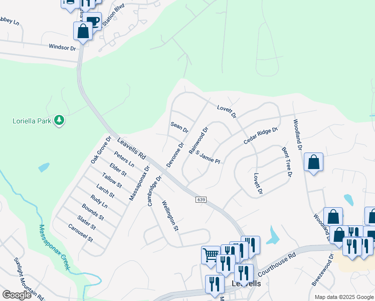 map of restaurants, bars, coffee shops, grocery stores, and more near 10720 South Jamie Place in Fredericksburg