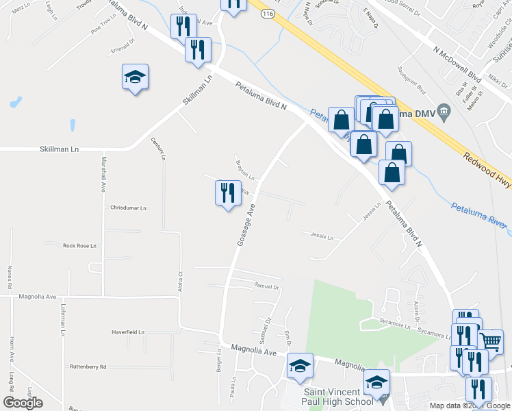 map of restaurants, bars, coffee shops, grocery stores, and more near 479 Gossage Avenue in Petaluma