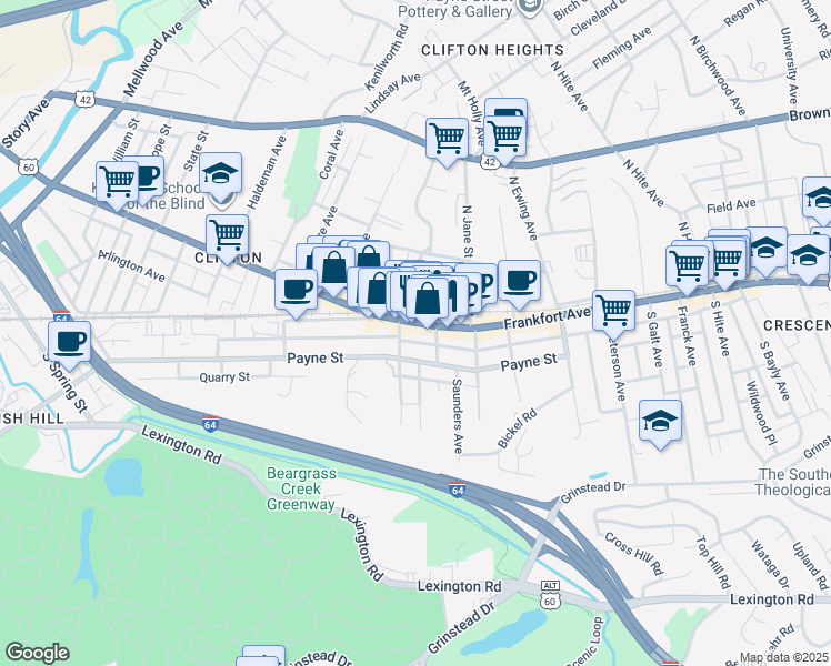 map of restaurants, bars, coffee shops, grocery stores, and more near 2214 Frankfort Avenue in Louisville