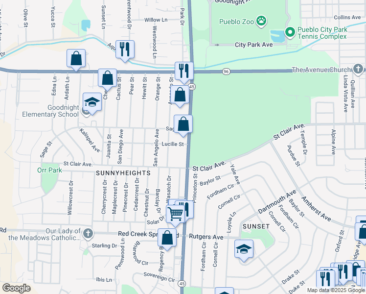 map of restaurants, bars, coffee shops, grocery stores, and more near 805 South Pueblo Boulevard in Pueblo