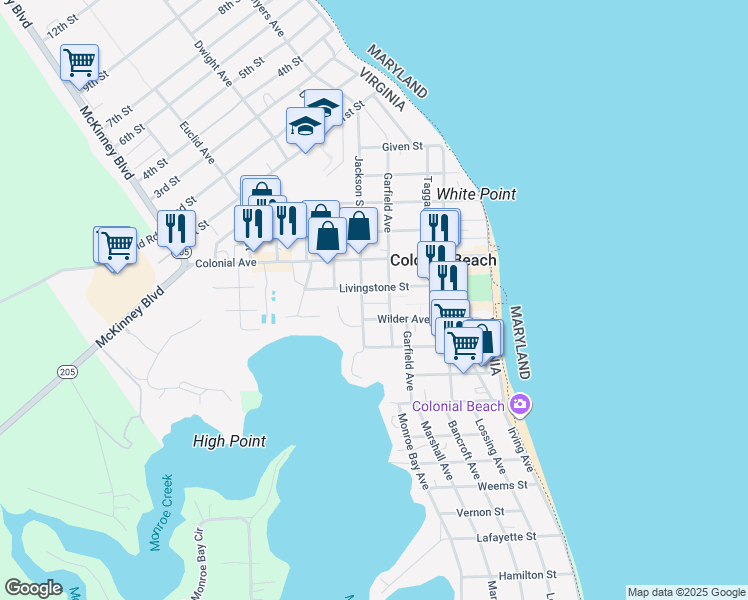 map of restaurants, bars, coffee shops, grocery stores, and more near 315 Lynnhaven Avenue in Colonial Beach