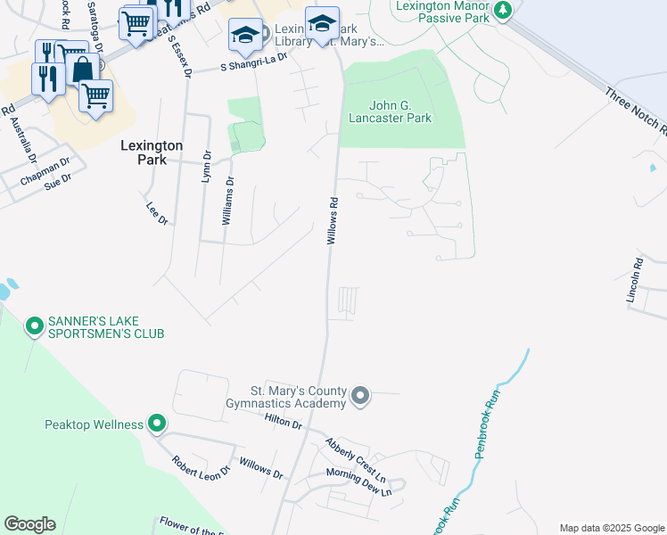 map of restaurants, bars, coffee shops, grocery stores, and more near 21324 Willows Road in Lexington Park