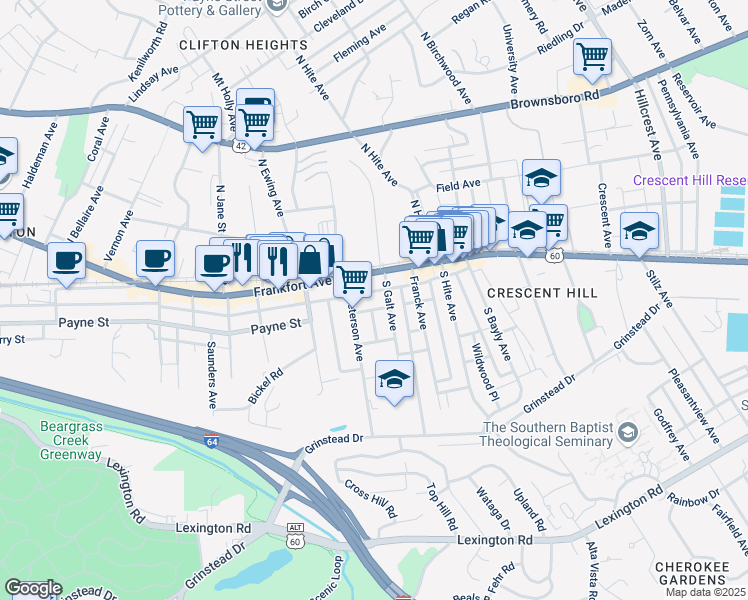 map of restaurants, bars, coffee shops, grocery stores, and more near 200 South Galt Avenue in Louisville