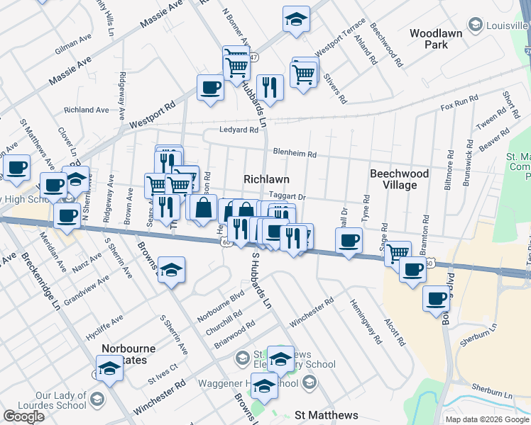 map of restaurants, bars, coffee shops, grocery stores, and more near 117 North Hubbards Lane in Louisville