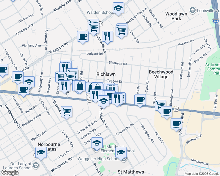 map of restaurants, bars, coffee shops, grocery stores, and more near 117 North Hubbards Lane in Louisville