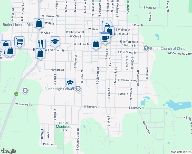 map of restaurants, bars, coffee shops, grocery stores, and more near 100 West Atkison Avenue in Butler