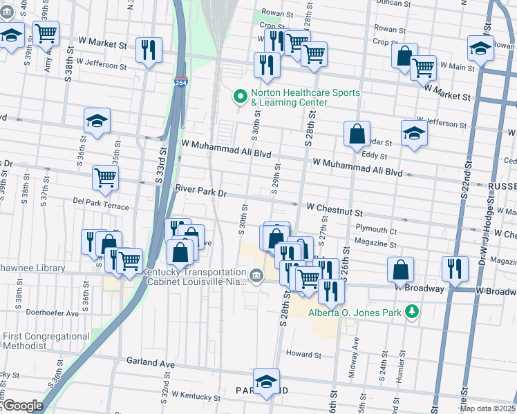 map of restaurants, bars, coffee shops, grocery stores, and more near 2900 West Chestnut Street in Louisville