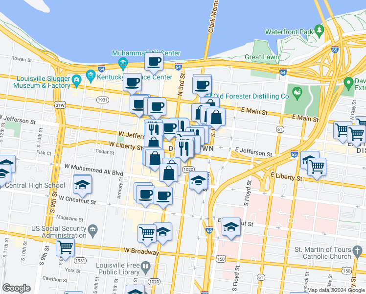map of restaurants, bars, coffee shops, grocery stores, and more near 280 West Jefferson Street in Louisville