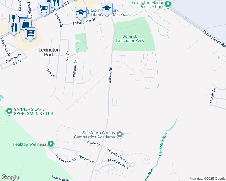 map of restaurants, bars, coffee shops, grocery stores, and more near 21324 Willows Road in Lexington Park