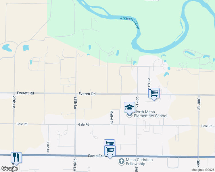 map of restaurants, bars, coffee shops, grocery stores, and more near 801 28 1/2 Lane in Pueblo
