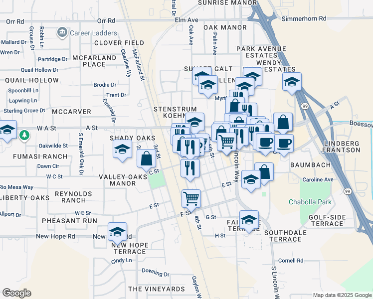 map of restaurants, bars, coffee shops, grocery stores, and more near 416 B Street in Galt