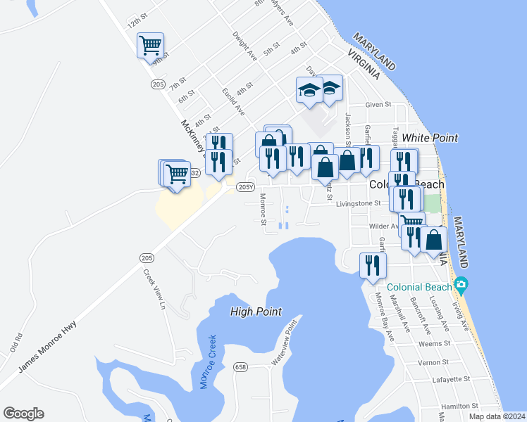 map of restaurants, bars, coffee shops, grocery stores, and more near 300 Monroe Street in Colonial Beach