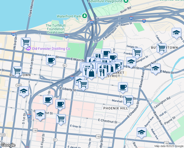 map of restaurants, bars, coffee shops, grocery stores, and more near 612 East Market Street in Louisville