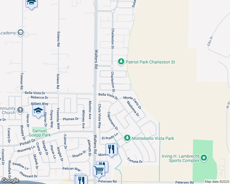 map of restaurants, bars, coffee shops, grocery stores, and more near 1600 Hickam Circle in Suisun City
