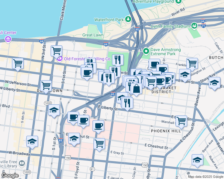 map of restaurants, bars, coffee shops, grocery stores, and more near 430 East Market Street in Louisville