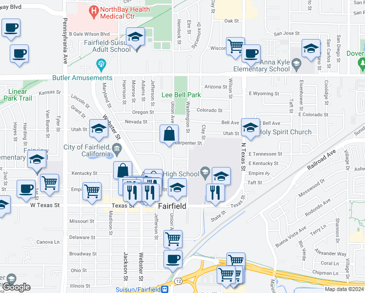 map of restaurants, bars, coffee shops, grocery stores, and more near 507 Carpenter Street in Fairfield
