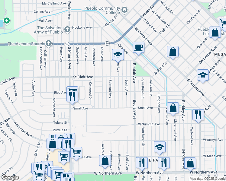 map of restaurants, bars, coffee shops, grocery stores, and more near 2308 Rice Ave in Pueblo