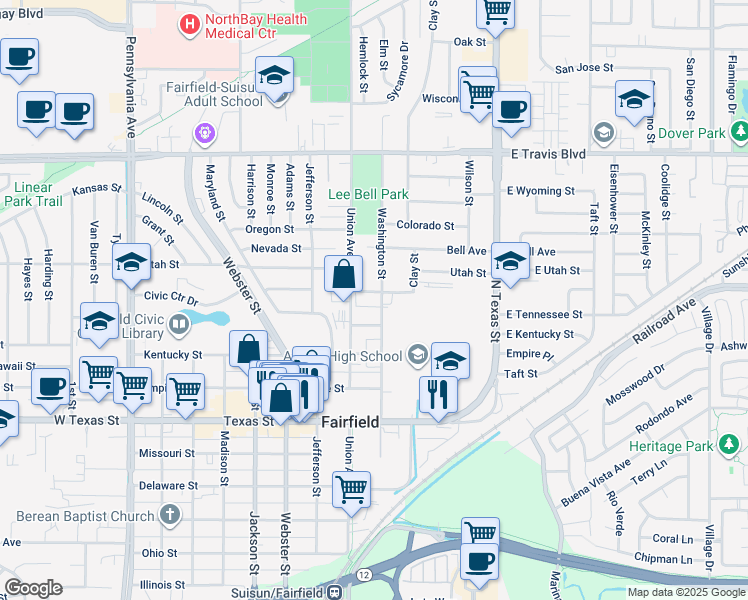 map of restaurants, bars, coffee shops, grocery stores, and more near 525 Carpenter Street in Fairfield