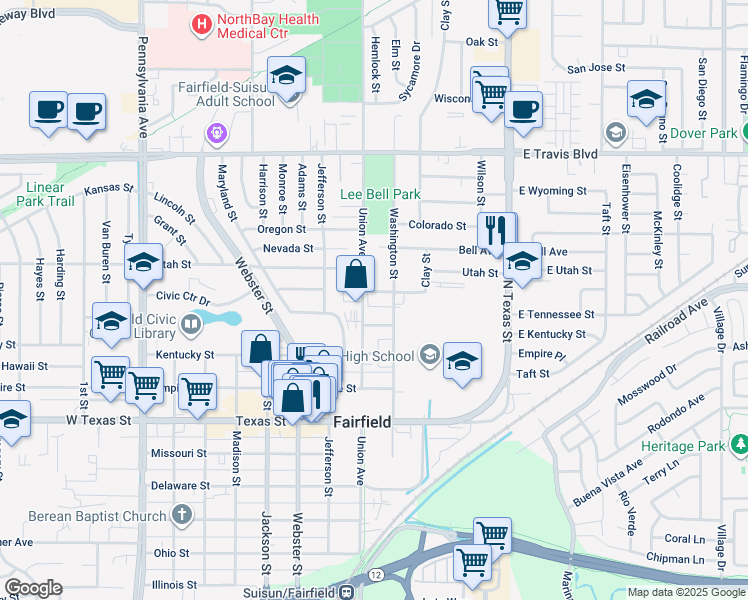 map of restaurants, bars, coffee shops, grocery stores, and more near 525 Carpenter Street in Fairfield