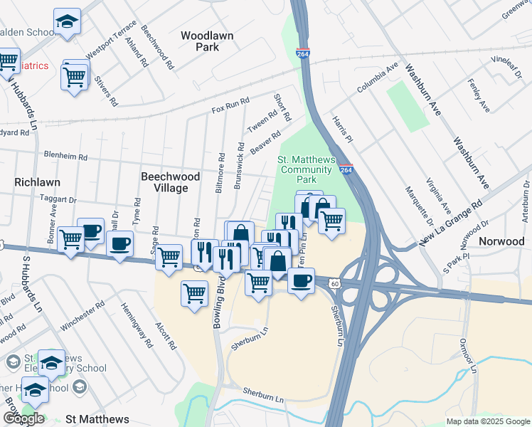 map of restaurants, bars, coffee shops, grocery stores, and more near 245 Stonehenge Drive in Saint Matthews