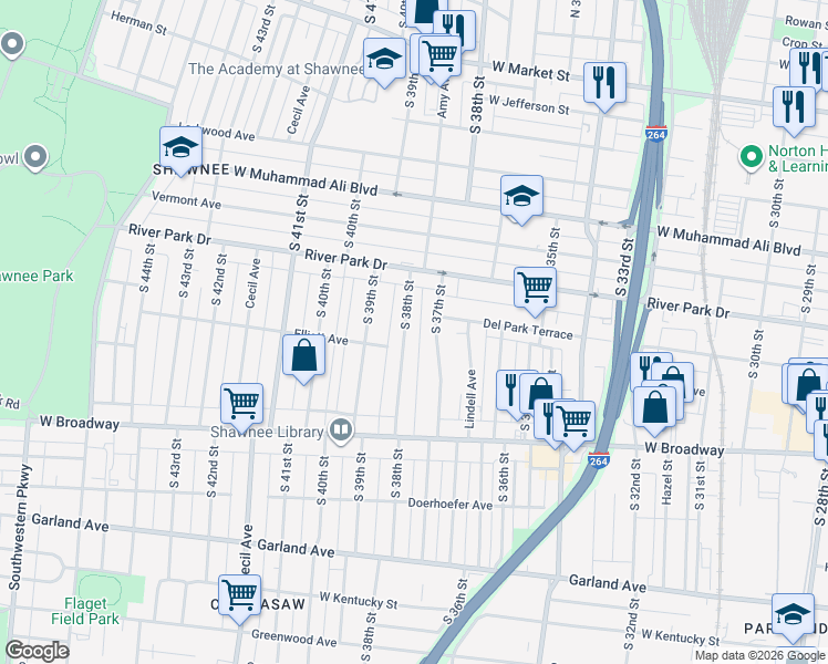 map of restaurants, bars, coffee shops, grocery stores, and more near 646 South 38th Street in Louisville
