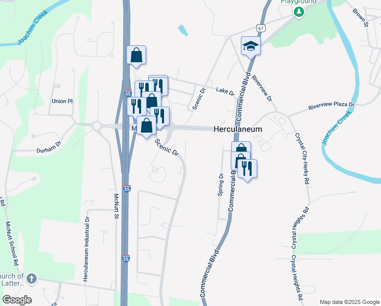 map of restaurants, bars, coffee shops, grocery stores, and more near 1222 Scenic Drive in Herculaneum
