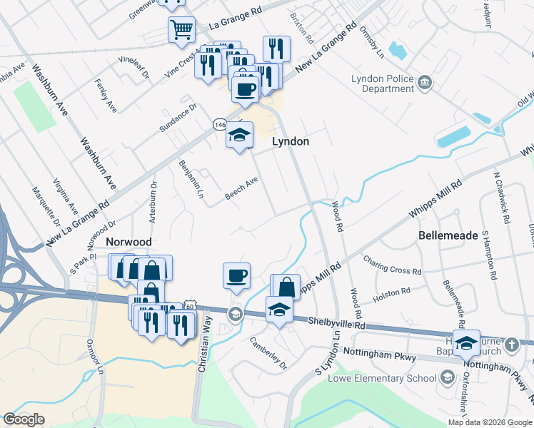 map of restaurants, bars, coffee shops, grocery stores, and more near 8009 Deronia Avenue in Louisville