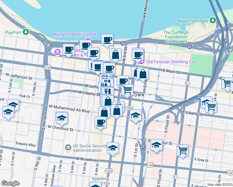 map of restaurants, bars, coffee shops, grocery stores, and more near 320 West Jefferson Street in Louisville