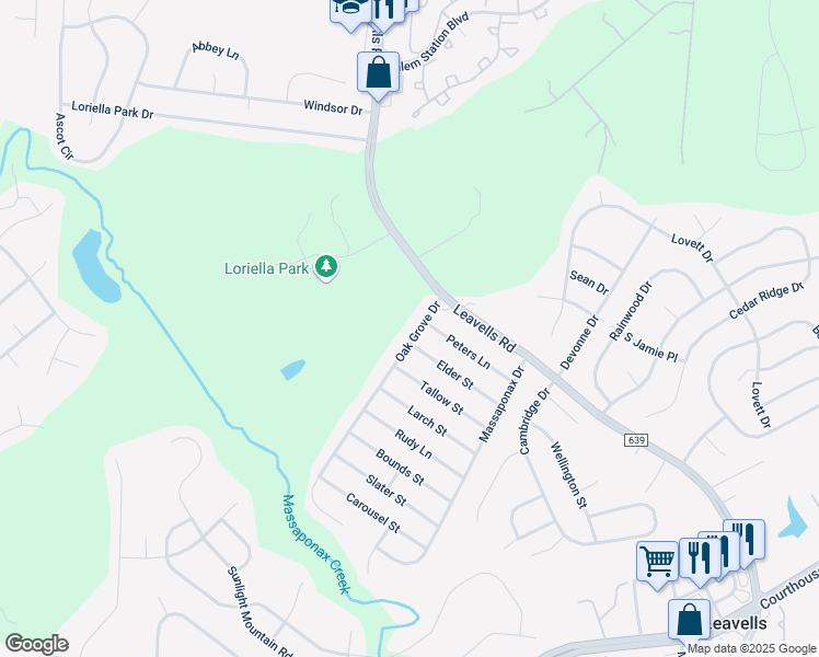 map of restaurants, bars, coffee shops, grocery stores, and more near 6011 Oak Grove Drive in Fredericksburg