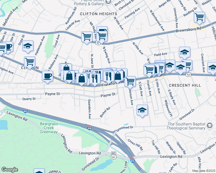 map of restaurants, bars, coffee shops, grocery stores, and more near 2346 Frankfort Avenue in Louisville