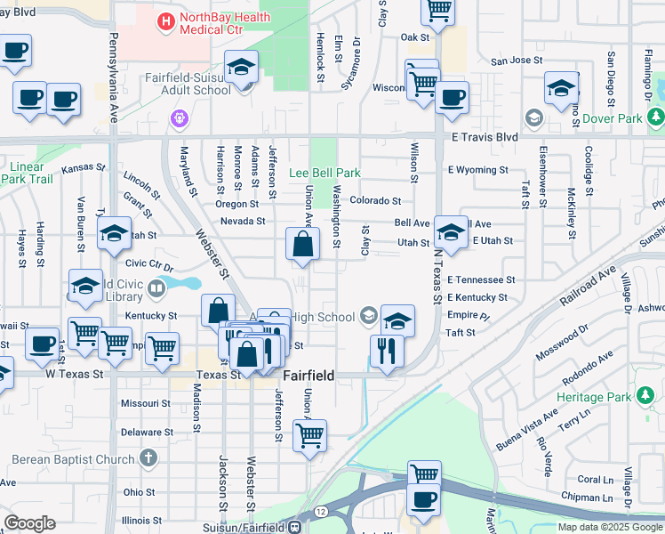 map of restaurants, bars, coffee shops, grocery stores, and more near 1039 Washington Street in Fairfield