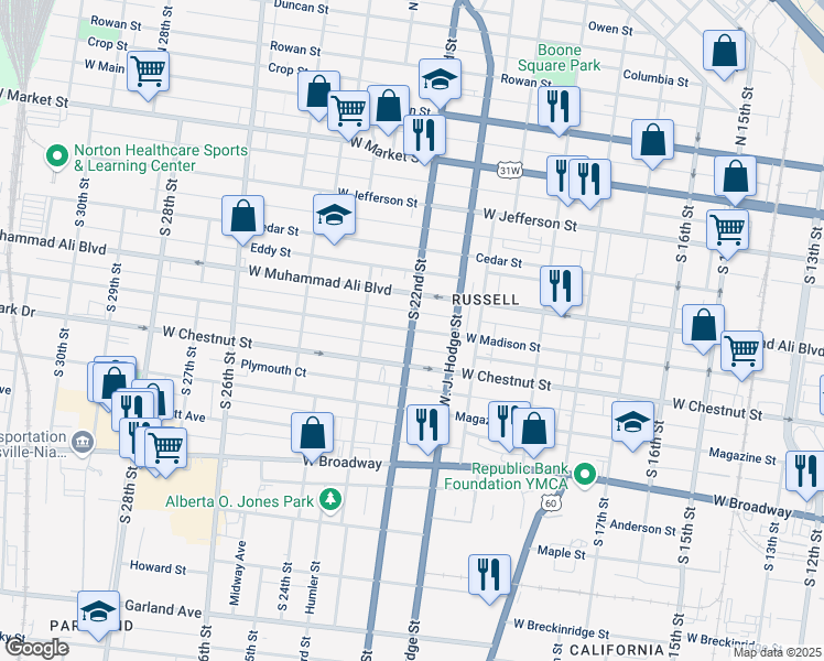 map of restaurants, bars, coffee shops, grocery stores, and more near West Madison Street in Louisville
