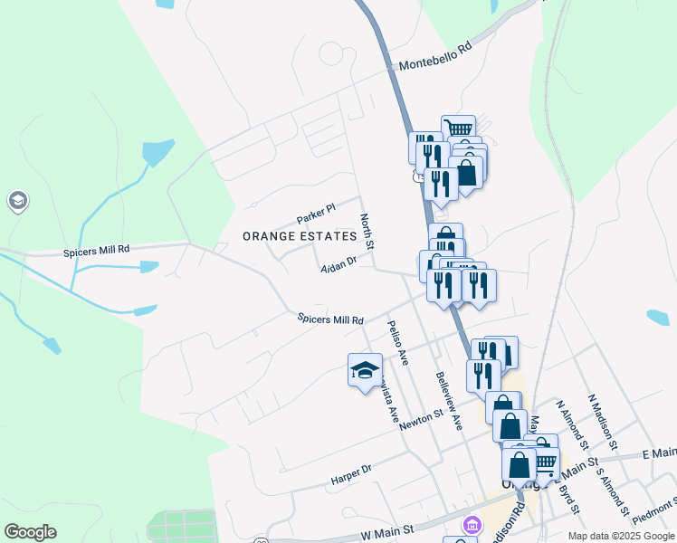map of restaurants, bars, coffee shops, grocery stores, and more near Aidan Drive in Orange