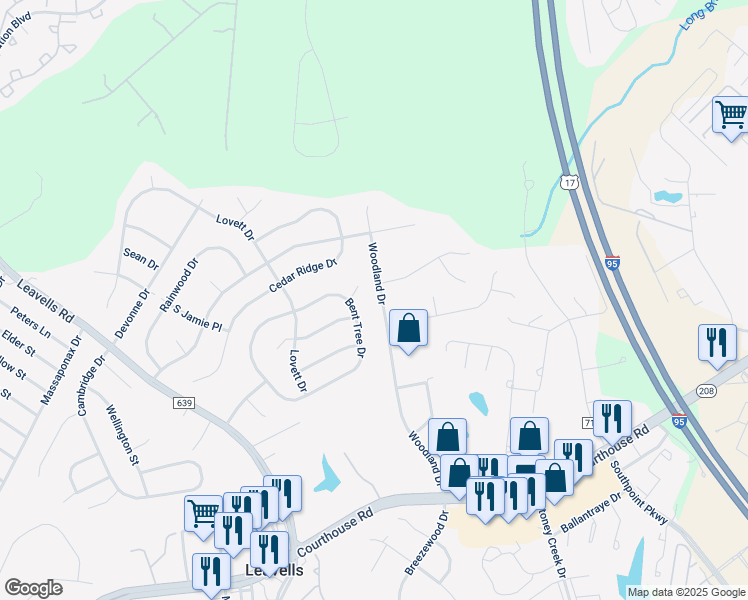 map of restaurants, bars, coffee shops, grocery stores, and more near 10806 Woodland Drive in Fredericksburg