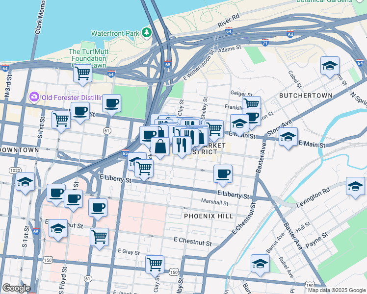 map of restaurants, bars, coffee shops, grocery stores, and more near 732 East Market Street in Louisville