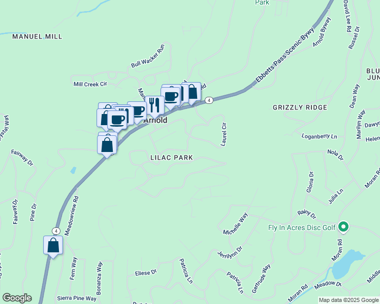 map of restaurants, bars, coffee shops, grocery stores, and more near 1048 Ponderosa Way in Arnold
