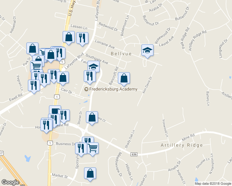 map of restaurants, bars, coffee shops, grocery stores, and more near 327 Ellery Court in Fredericksburg