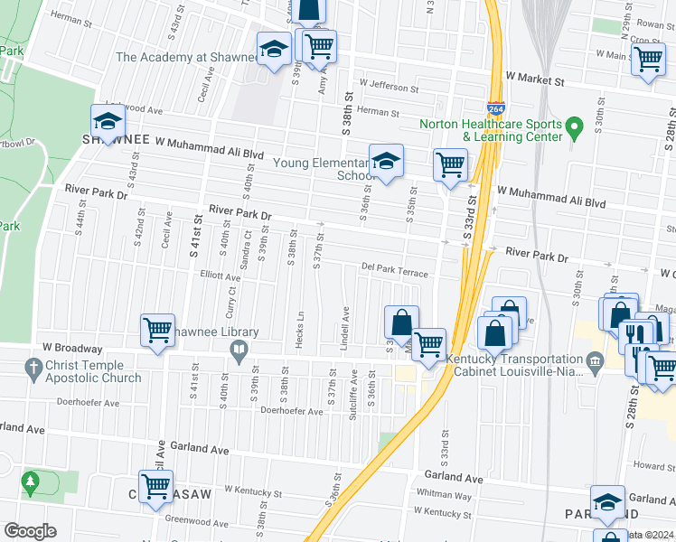 map of restaurants, bars, coffee shops, grocery stores, and more near 626 Lindell Avenue in Louisville