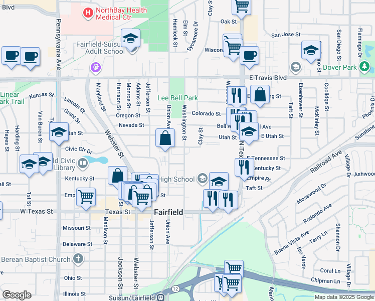 map of restaurants, bars, coffee shops, grocery stores, and more near 1038 Washington Street in Fairfield