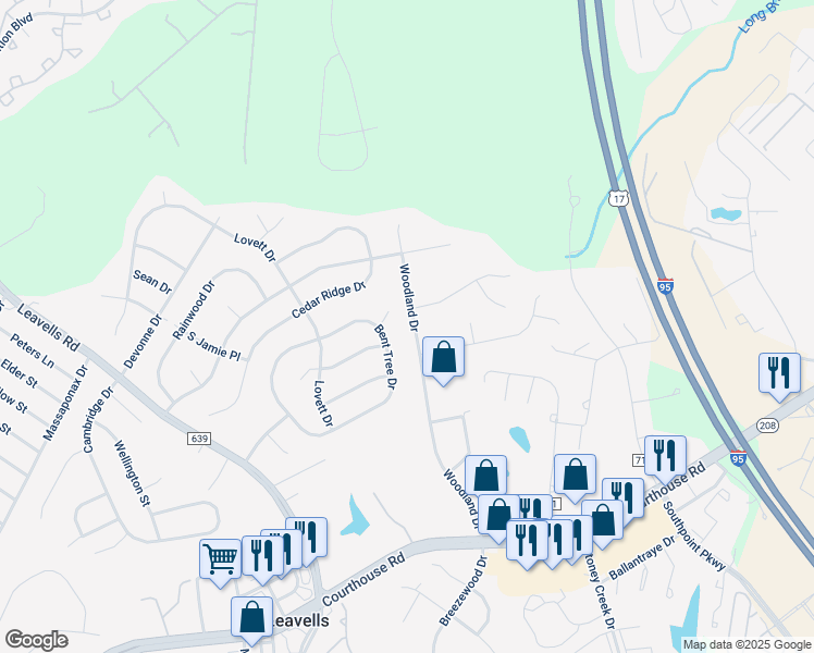 map of restaurants, bars, coffee shops, grocery stores, and more near 10806 Woodland Drive in Fredericksburg