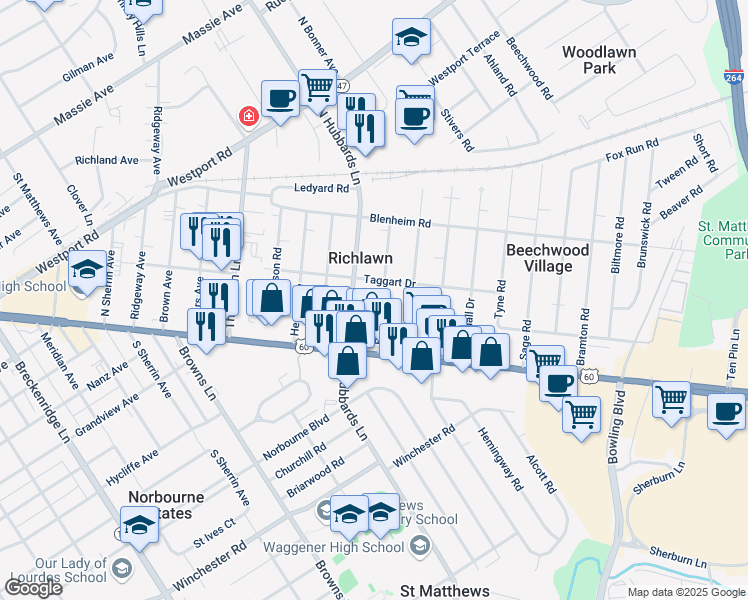 map of restaurants, bars, coffee shops, grocery stores, and more near 117 North Hubbards Lane in Louisville