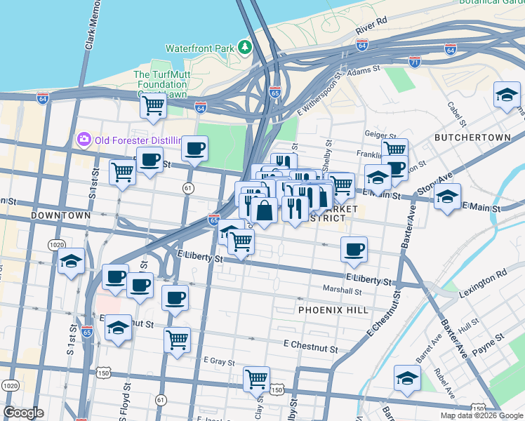 map of restaurants, bars, coffee shops, grocery stores, and more near 612 East Market Street in Louisville