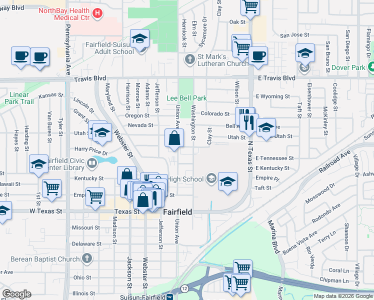 map of restaurants, bars, coffee shops, grocery stores, and more near 1000 Union Avenue in Fairfield