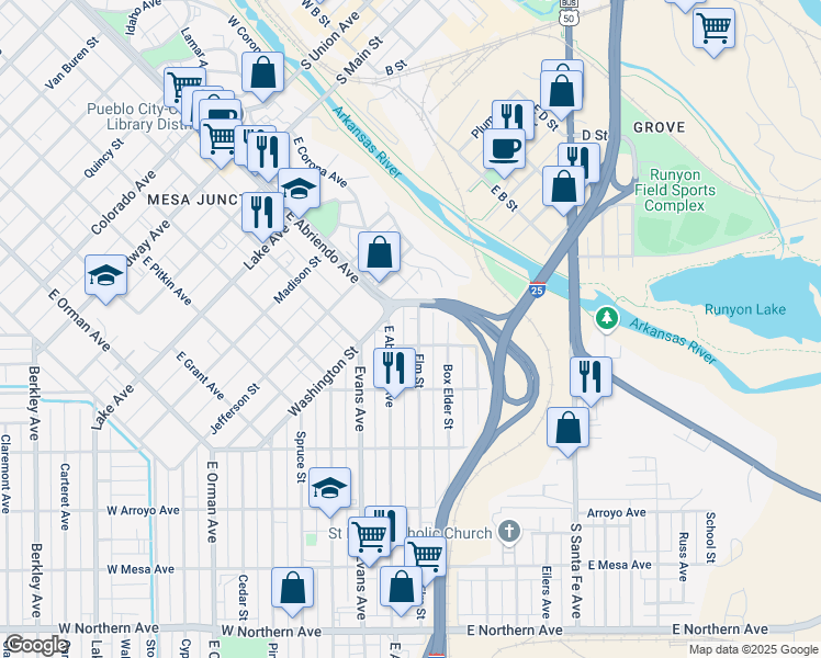 map of restaurants, bars, coffee shops, grocery stores, and more near 735 Elm Street in Pueblo