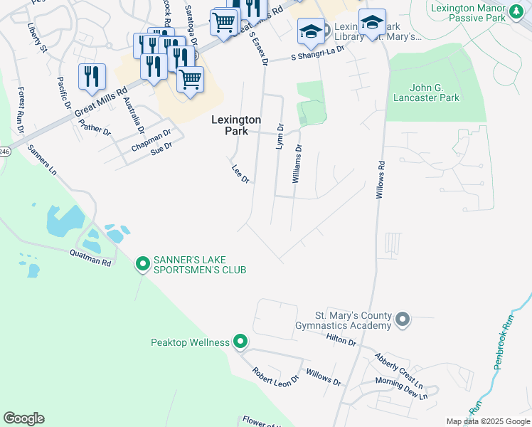 map of restaurants, bars, coffee shops, grocery stores, and more near 21335 Lynn Drive in Lexington Park